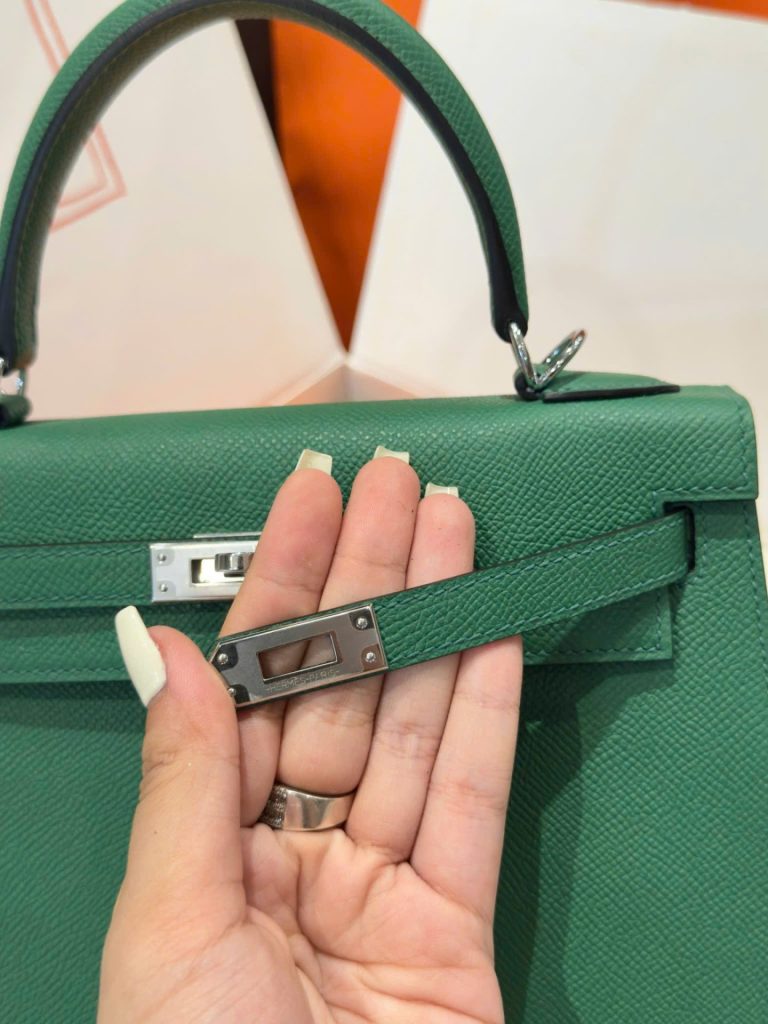 Túi Xách Hermes Kelly Like Auth Nữ Màu Xanh Là Cây Khoá Trắng 25cm (1)