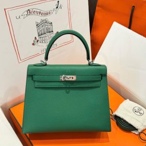 Túi Xách Hermes Kelly Like Auth Nữ Màu Xanh Là Cây Khoá Trắng 25cm (1)