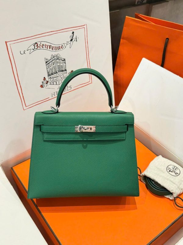 Túi Xách Hermes Kelly Like Auth Nữ Màu Xanh Là Cây Khoá Trắng 25cm (1)