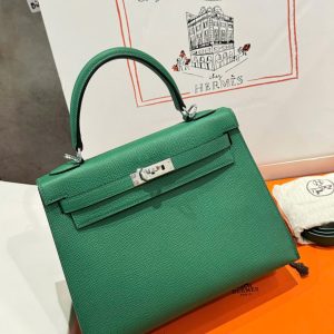 Túi Xách Hermes Kelly Like Auth Nữ Màu Xanh Là Cây Khoá Trắng 25cm (1)