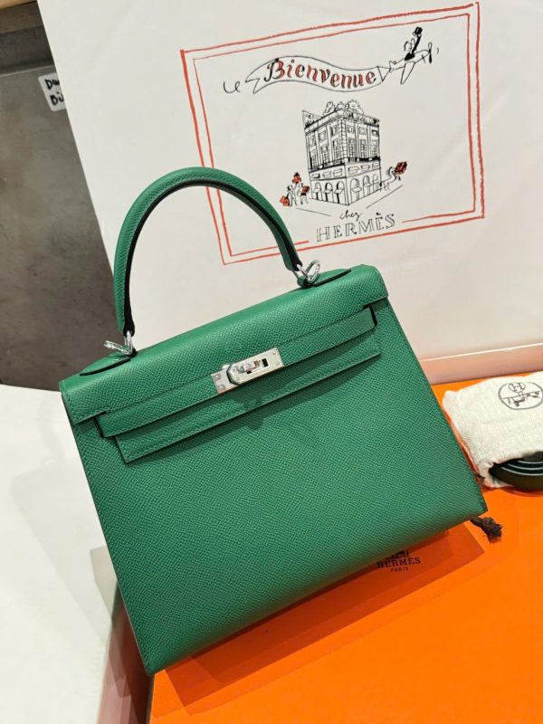 Túi Xách Hermes Kelly Like Auth Nữ Màu Xanh Là Cây Khoá Trắng 25cm (1)