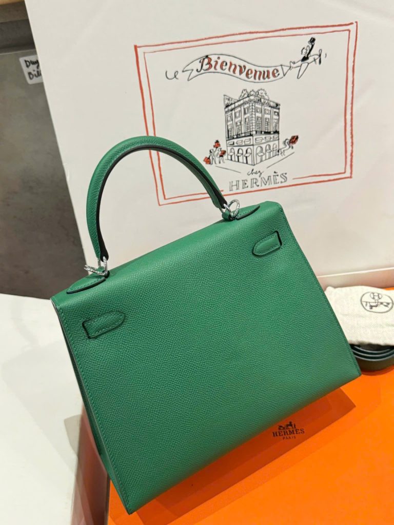 Túi Xách Hermes Kelly Like Auth Nữ Màu Xanh Là Cây Khoá Trắng 25cm (1)