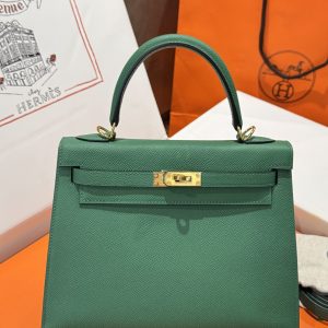 Túi Xách Hermes Kelly Like Auth Nữ Màu Xanh Lá Cây Khoá Vàng 25cm (2)