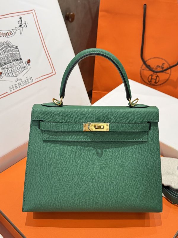 Túi Xách Hermes Kelly Like Auth Nữ Màu Xanh Lá Cây Khoá Vàng 25cm (2)