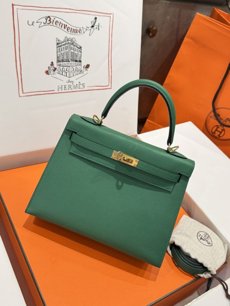 Túi Xách Hermes Kelly Like Auth Nữ Màu Xanh Lá Cây Khoá Vàng 25cm (2)