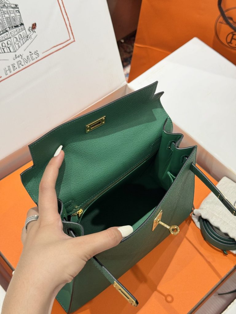 Túi Xách Hermes Kelly Like Auth Nữ Màu Xanh Lá Cây Khoá Vàng 25cm (2)