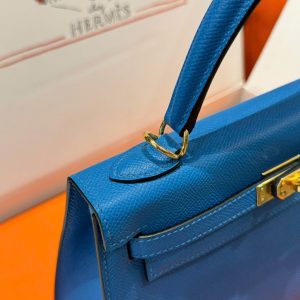 Túi Xách Hermes Kelly Nữ Màu Xanh Dương Khoá Vàng Like Auth 25cm (2)