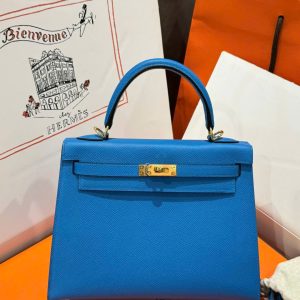 Túi Xách Hermes Kelly Nữ Màu Xanh Dương Khoá Vàng Like Auth 25cm (2)