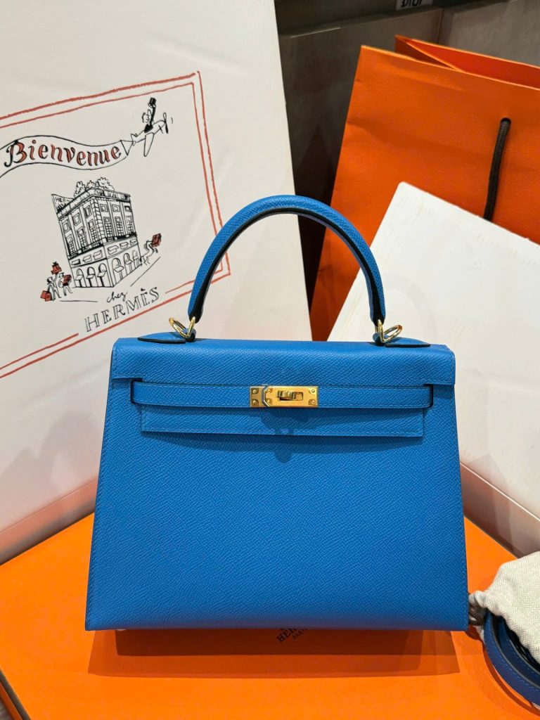 Túi Xách Hermes Kelly Nữ Màu Xanh Dương Khoá Vàng Like Auth 25cm (2)