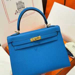 Túi Xách Hermes Kelly Nữ Màu Xanh Dương Khoá Vàng Like Auth 25cm (2)