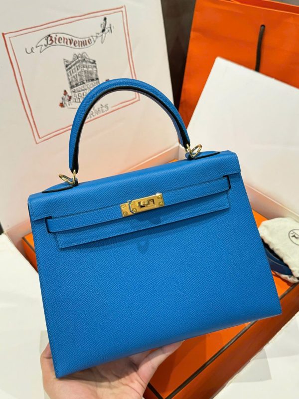 Túi Xách Hermes Kelly Nữ Màu Xanh Dương Khoá Vàng Like Auth 25cm (2)