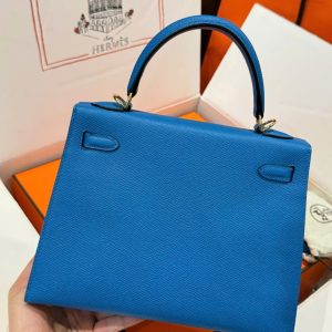 Túi Xách Hermes Kelly Nữ Màu Xanh Dương Khoá Vàng Like Auth 25cm (2)