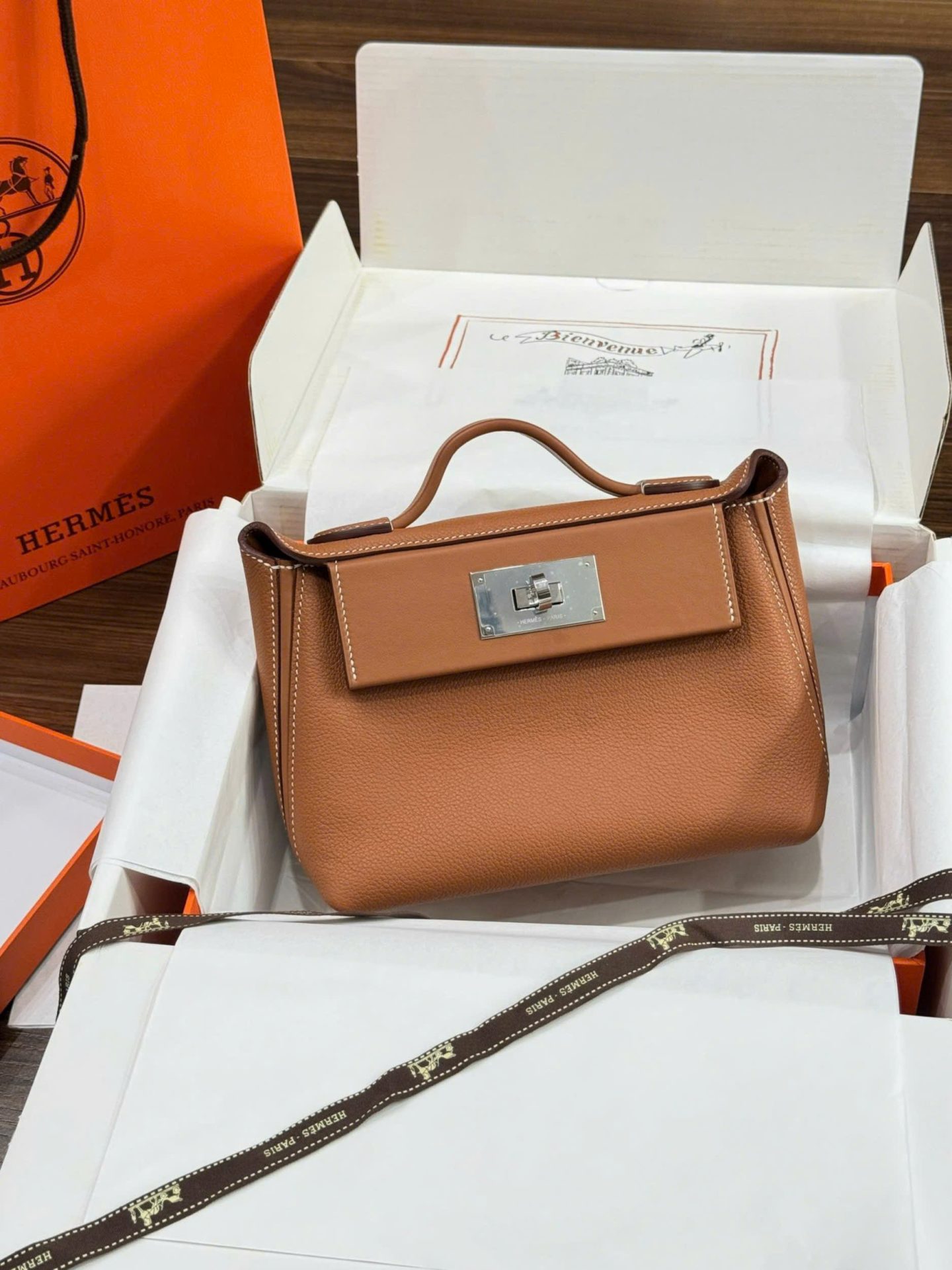 Túi Xách Hermes Mini Evercolor Replica 11 Màu Nâu Khoá Trắng 21cm (2)