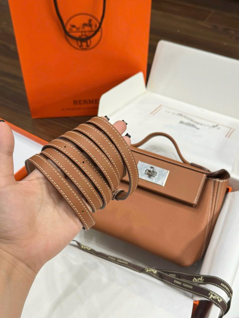 Túi Xách Hermes Mini Evercolor Replica 11 Màu Nâu Khoá Trắng 21cm (2)