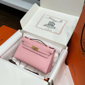 Túi Xách Hermes Pochette Like Auth Nữ Màu Hồng Khoá Vàng 22cm (2)