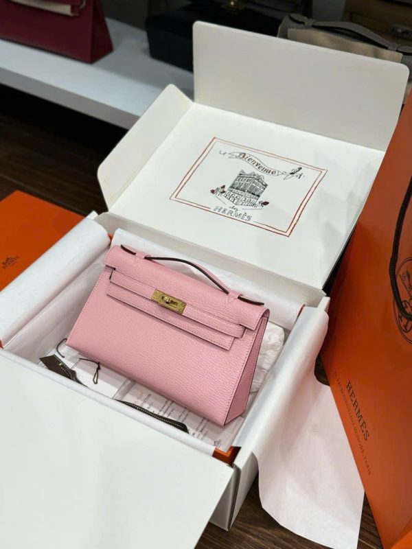 Túi Xách Hermes Pochette Like Auth Nữ Màu Hồng Khoá Vàng 22cm (2)