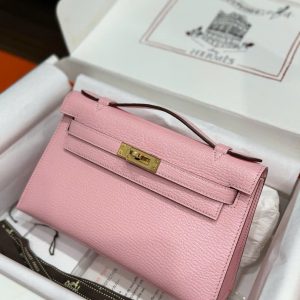 Túi Xách Hermes Pochette Like Auth Nữ Màu Hồng Khoá Vàng 22cm (2)