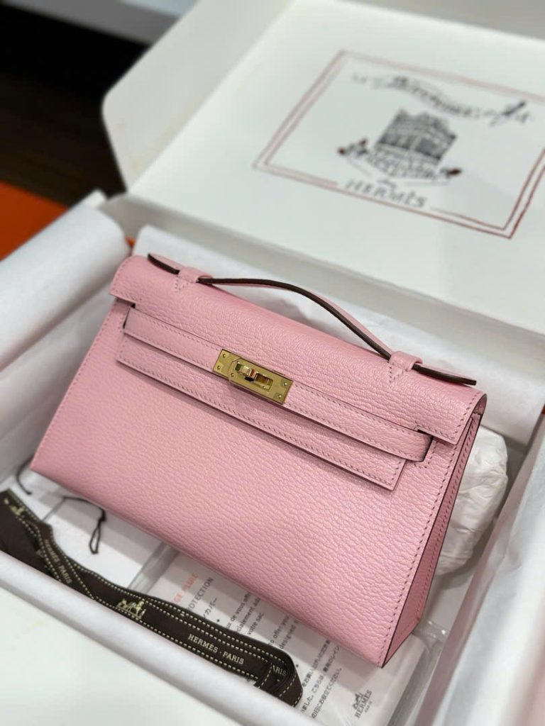 Túi Xách Hermes Pochette Like Auth Nữ Màu Hồng Khoá Vàng 22cm (2)