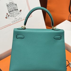 Túi Xách Like Auth Hermes Kelly Nữ Màu Xanh Khoá Vàng 25cm (2)