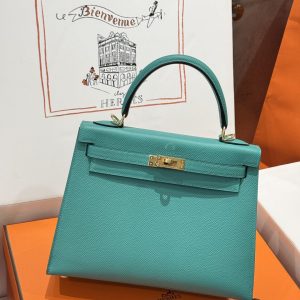 Túi Xách Like Auth Hermes Kelly Nữ Màu Xanh Khoá Vàng 25cm (2)