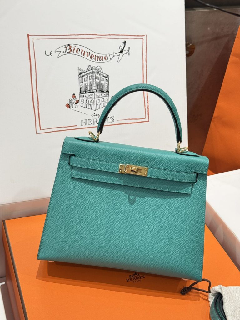 Túi Xách Like Auth Hermes Kelly Nữ Màu Xanh Khoá Vàng 25cm (2)