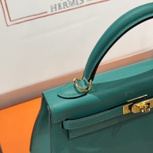 Túi Xách Like Auth Hermes Kelly Nữ Màu Xanh Khoá Vàng 25cm (2)