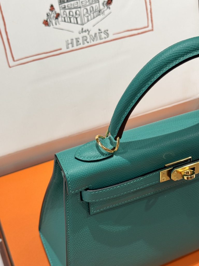 Túi Xách Like Auth Hermes Kelly Nữ Màu Xanh Khoá Vàng 25cm (2)