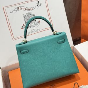 Túi Xách Like Auth Hermes Kelly Nữ Màu Xanh Khoá Vàng 25cm (2)