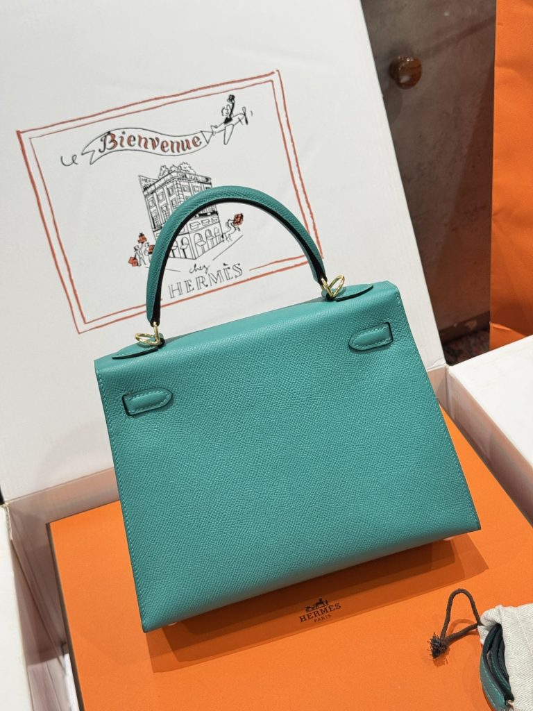 Túi Xách Like Auth Hermes Kelly Nữ Màu Xanh Khoá Vàng 25cm (2)