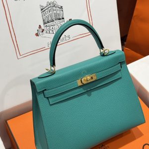 Túi Xách Like Auth Hermes Kelly Nữ Màu Xanh Khoá Vàng 25cm (2)