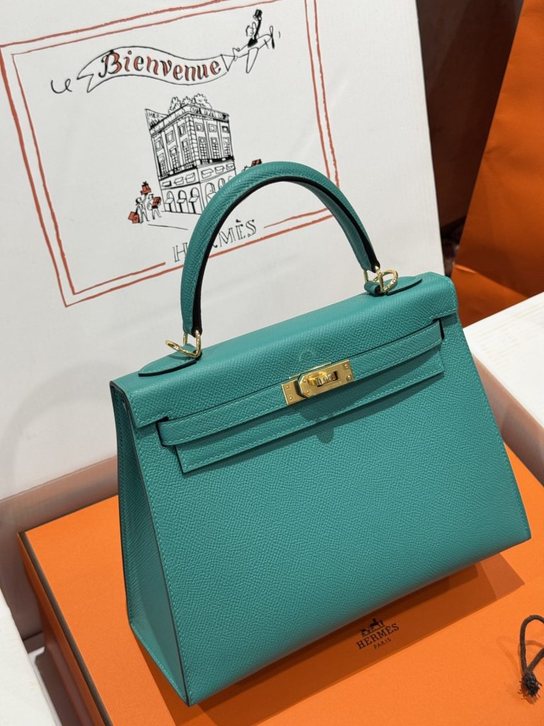 Túi Xách Like Auth Hermes Kelly Nữ Màu Xanh Khoá Vàng 25cm (2)