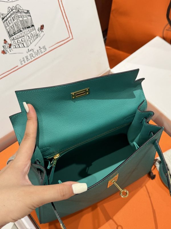 Túi Xách Like Auth Hermes Kelly Nữ Màu Xanh Khoá Vàng 25cm (2)