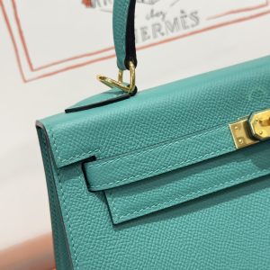 Túi Xách Like Auth Hermes Kelly Nữ Màu Xanh Khoá Vàng 25cm (2)