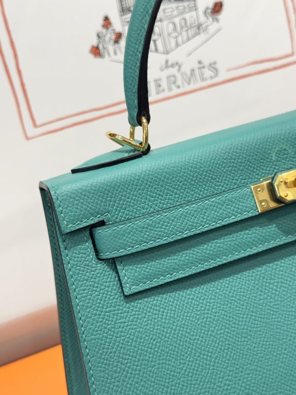 Túi Xách Like Auth Hermes Kelly Nữ Màu Xanh Khoá Vàng 25cm (2)