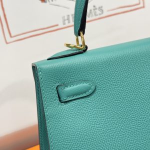 Túi Xách Like Auth Hermes Kelly Nữ Màu Xanh Khoá Vàng 25cm (2)