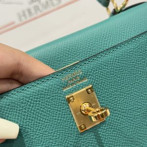 Túi Xách Like Auth Hermes Kelly Nữ Màu Xanh Khoá Vàng 25cm (2)