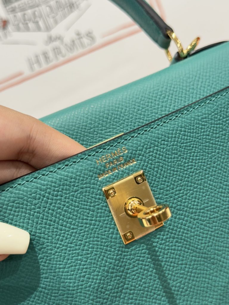 Túi Xách Like Auth Hermes Kelly Nữ Màu Xanh Khoá Vàng 25cm (2)