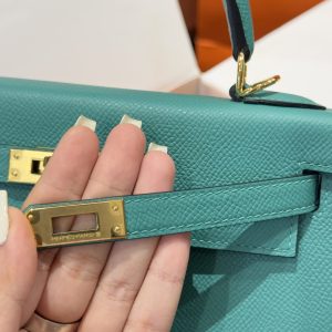 Túi Xách Like Auth Hermes Kelly Nữ Màu Xanh Khoá Vàng 25cm (2)