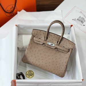 Túi Xách Nữ Hermes Birkin Cận Auth Da Đà Điểu Khoá Trắng 25cm (2)