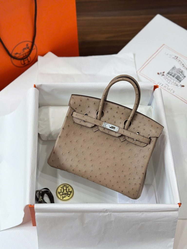 Túi Xách Nữ Hermes Birkin Cận Auth Da Đà Điểu Khoá Trắng 25cm (2)