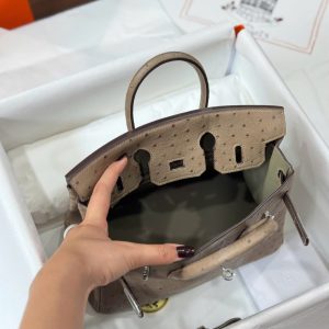 Túi Xách Nữ Hermes Birkin Cận Auth Da Đà Điểu Khoá Trắng 25cm (2)