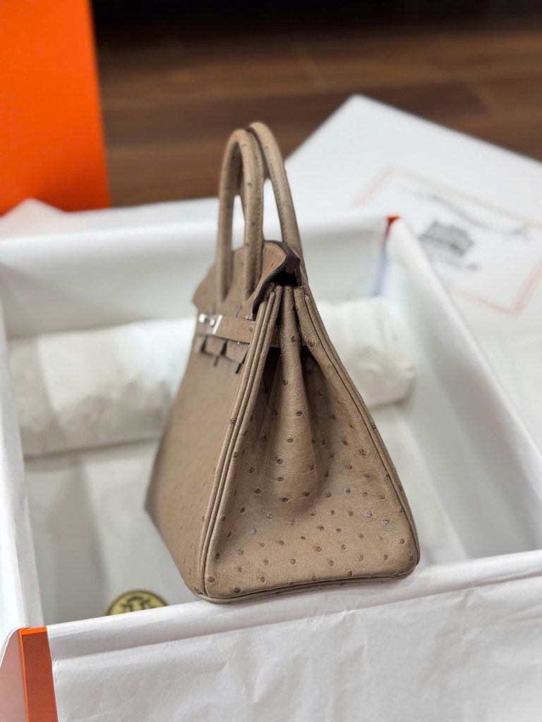 Túi Xách Nữ Hermes Birkin Cận Auth Da Đà Điểu Khoá Trắng 25cm (2)