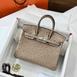 Túi Xách Nữ Hermes Birkin Cận Auth Da Đà Điểu Khoá Trắng 25cm (2)