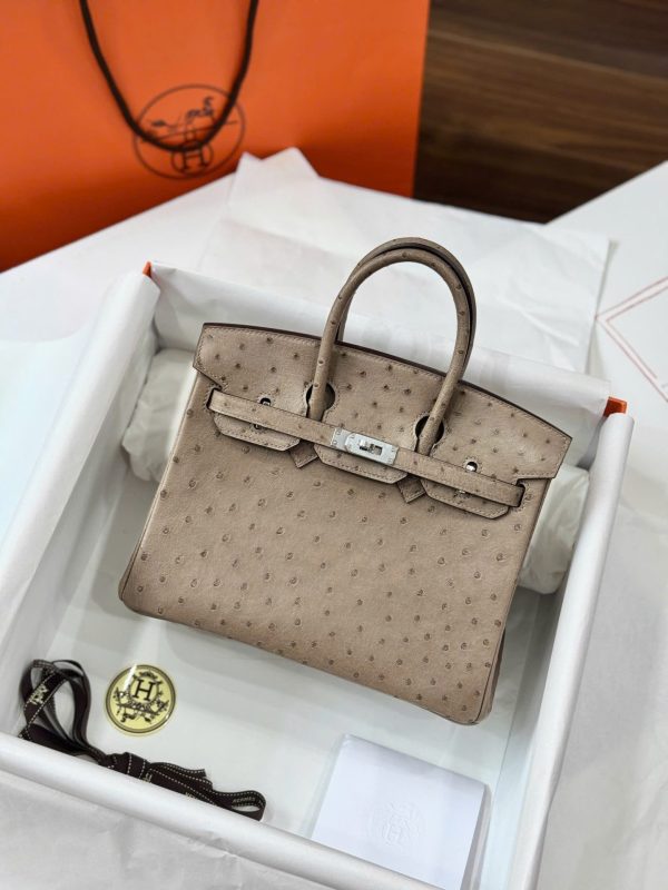 Túi Xách Nữ Hermes Birkin Cận Auth Da Đà Điểu Khoá Trắng 25cm (2)