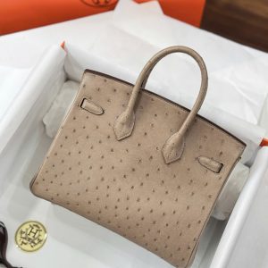 Túi Xách Nữ Hermes Birkin Cận Auth Da Đà Điểu Khoá Trắng 25cm (2)