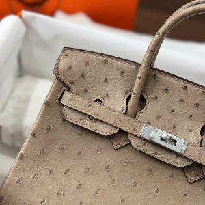 Túi Xách Nữ Hermes Birkin Cận Auth Da Đà Điểu Khoá Trắng 25cm (2)