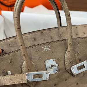 Túi Xách Nữ Hermes Birkin Cận Auth Da Đà Điểu Khoá Trắng 25cm (2)