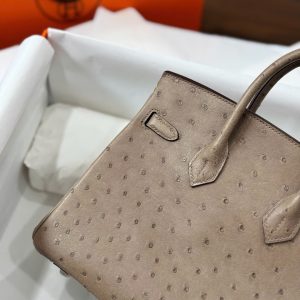 Túi Xách Nữ Hermes Birkin Cận Auth Da Đà Điểu Khoá Trắng 25cm (2)