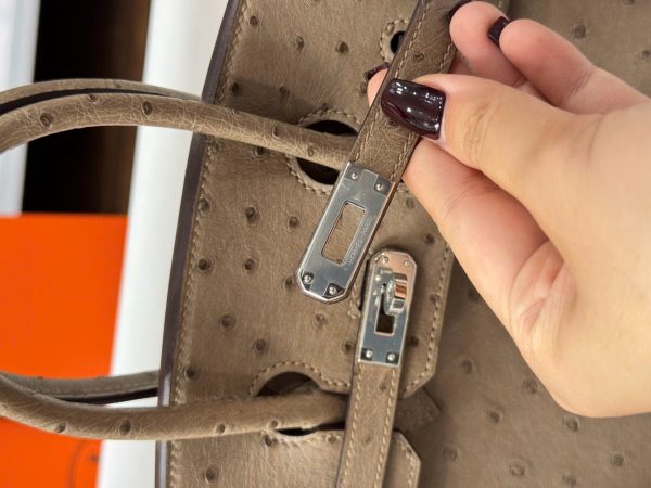 Túi Xách Nữ Hermes Birkin Cận Auth Da Đà Điểu Khoá Trắng 25cm (2)