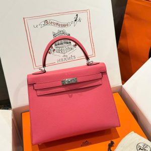 Túi Xách Nữ Hermes Kelly Like Auth Màu Hồng Đậm Khoá Trắng 25cm (2)